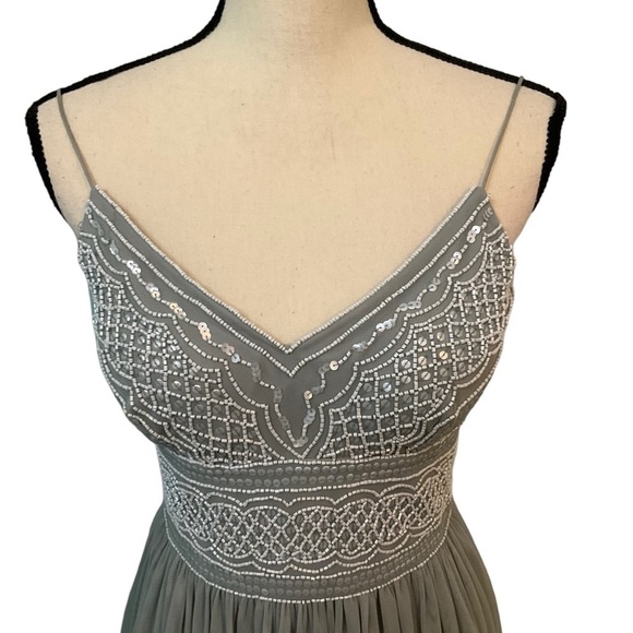 Adrianna Papell Sage Green Gray Aida Beaded Tulle Gown Prom Dress Sz 4 Formal - Picture 7 of 14